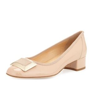 Sesto Meucci Patent Leather Nude Gold Buckle Square Toe Pumps - 7